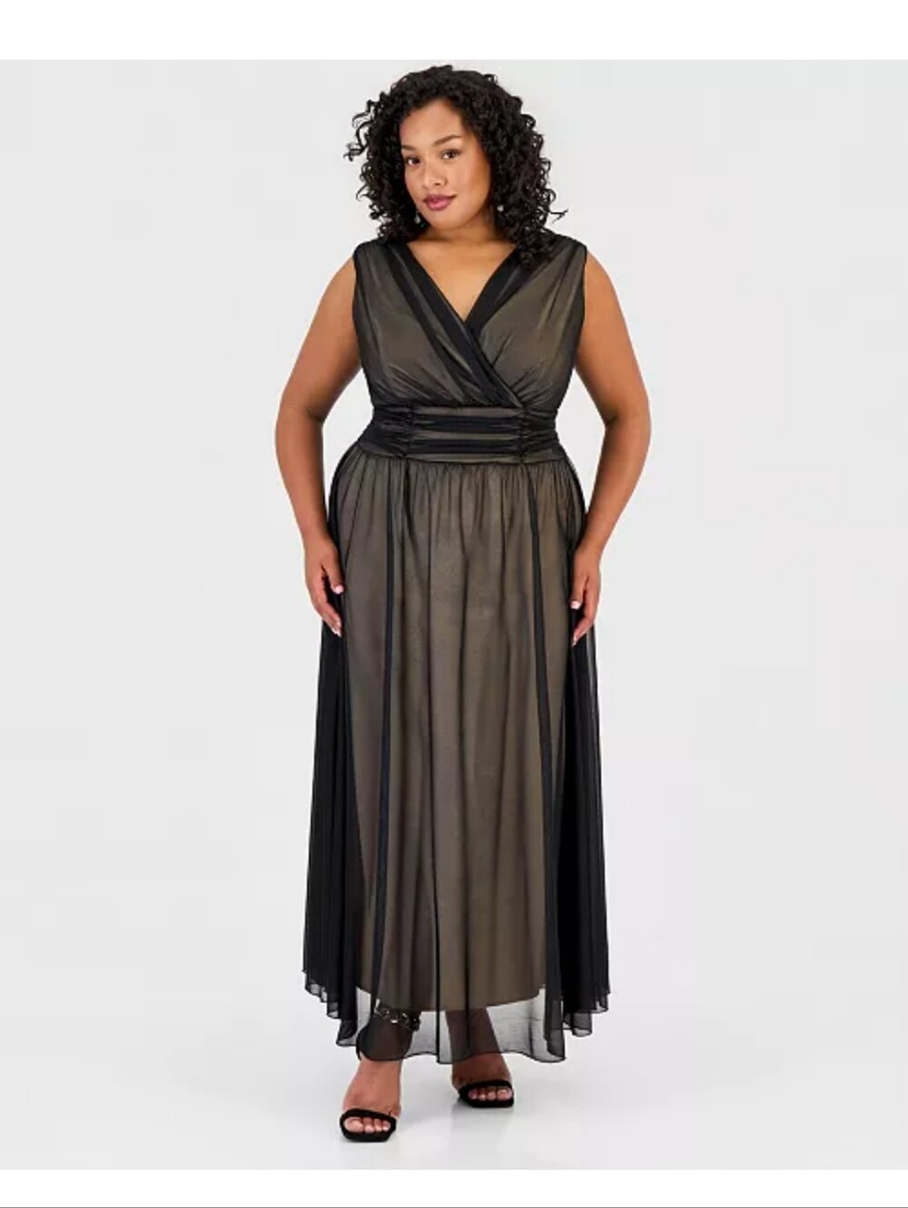 Connected Apparel NWT 16W Black Gold Ruched V Neck Cocktail Dress $99